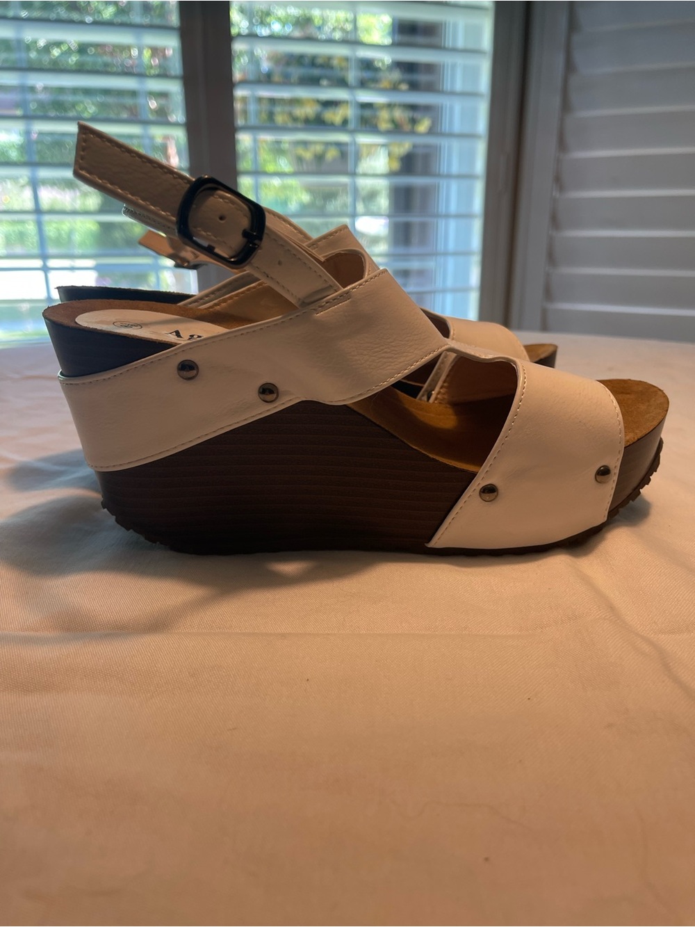 White Women's Wedge Sandals - Classic Strappy Slingback - rubber bottom